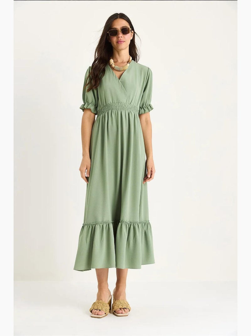 Vestido com decote cruzado, cintura franzida e mangas elásticas lucci Verde pastel - Kiabi