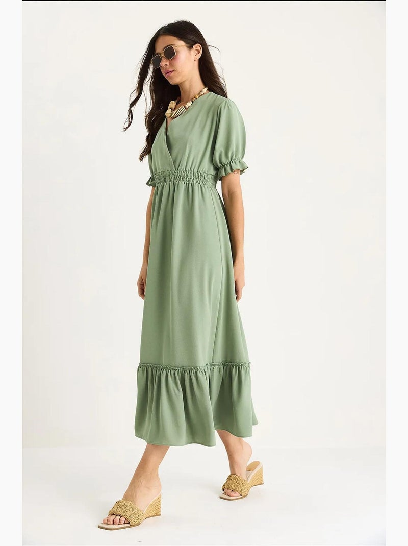 Vestido com decote cruzado, cintura franzida e mangas elásticas lucci Verde pastel - Kiabi