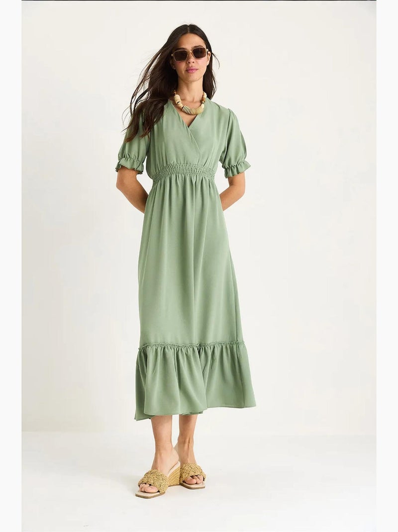 Vestido com decote cruzado, cintura franzida e mangas elásticas lucci Verde pastel - Kiabi