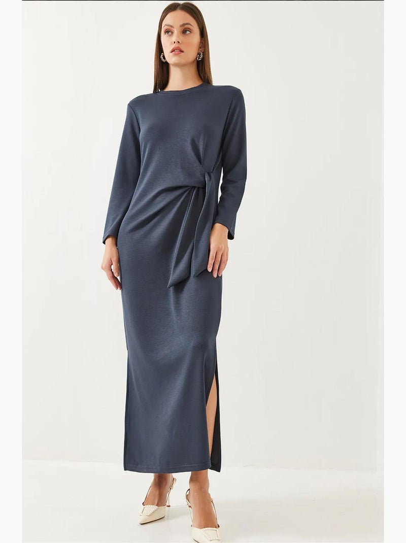 Vestido com detalhe de gravata em modal lucci Azul-marinho - Kiabi