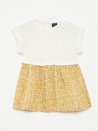 Vestido com efeito 2 em 1 com parte de cima em malha de tricô e parte de baixo em mistura de linho - Inteiro