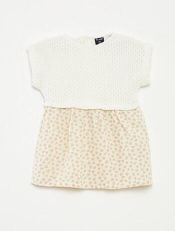 Vestido com efeito 2 em 1 com parte de cima em malha de tricô e parte de baixo em mistura de linho - Inteiro