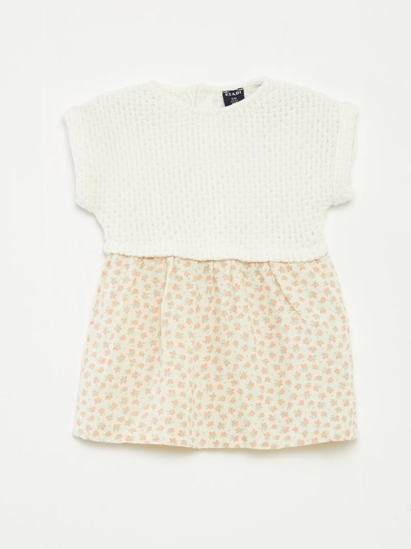 Vestido com efeito 2 em 1 com parte de cima em malha de tricô e parte de baixo em mistura de linho - Inteiro Branco - Kiabi