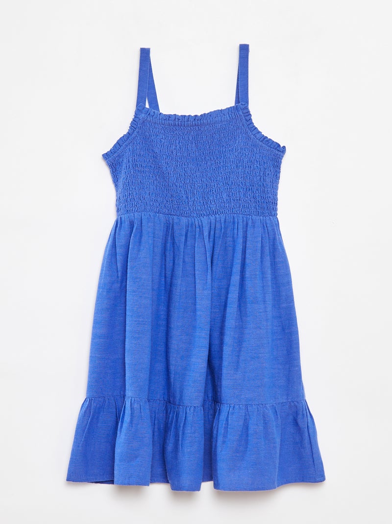 Vestido com favos de mel e linho misturado Azul - Kiabi