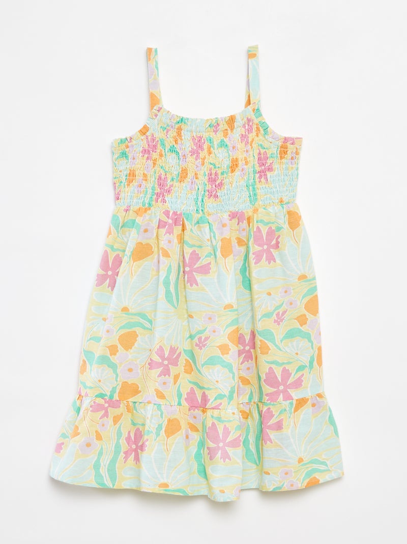 Vestido com favos de mel e linho misturado Verde - Kiabi