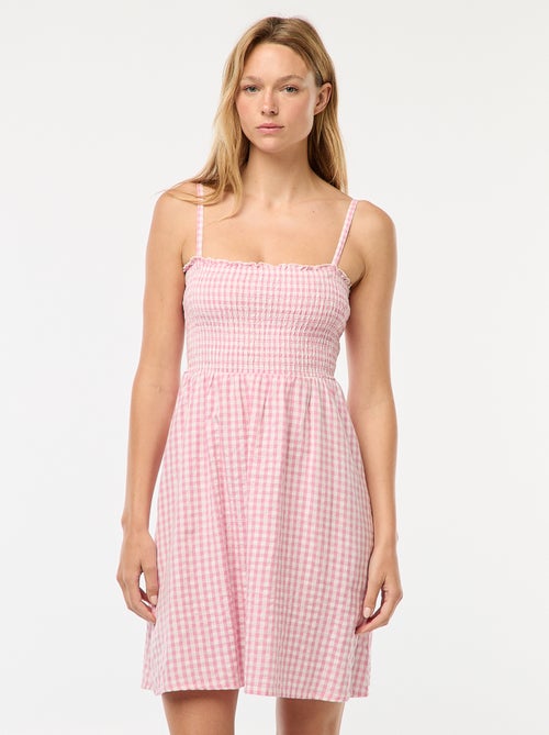 Vestido com favos de mel vichy em seersucker - Kiabi