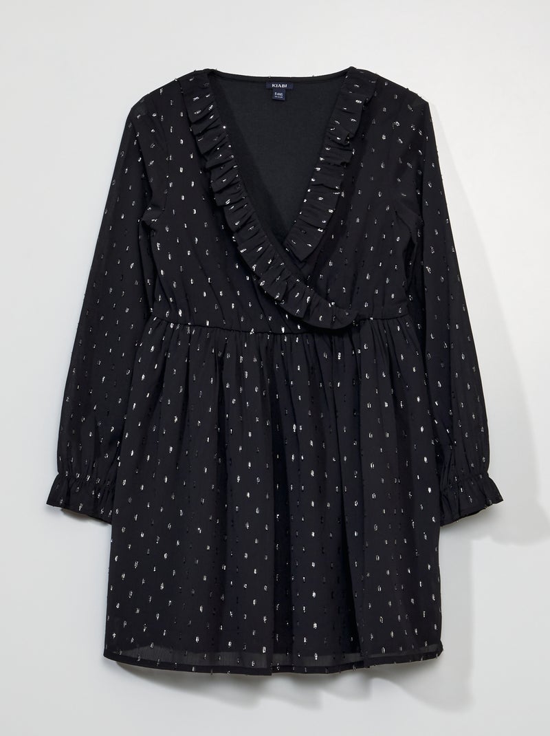 Vestido com folhos a ponto cheio PRETO - Kiabi