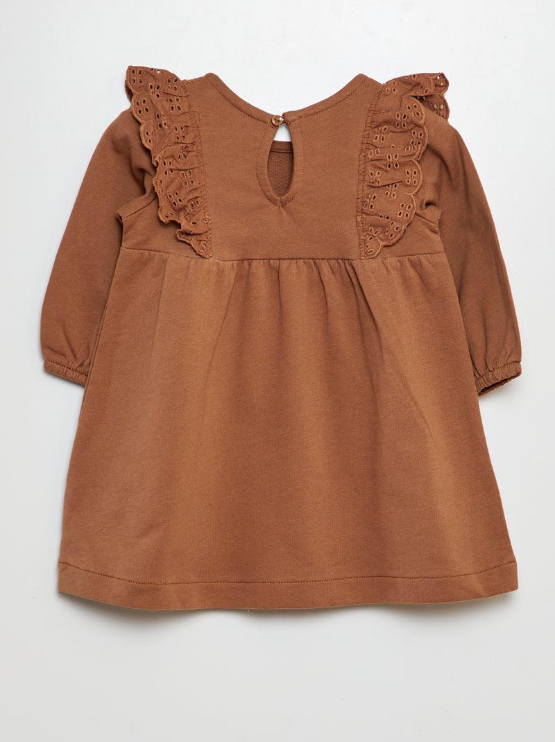 Vestido com folhos com bordado inglês BEGE - Kiabi