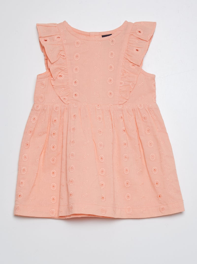 Vestido com folhos com bordado inglês ROSA - Kiabi