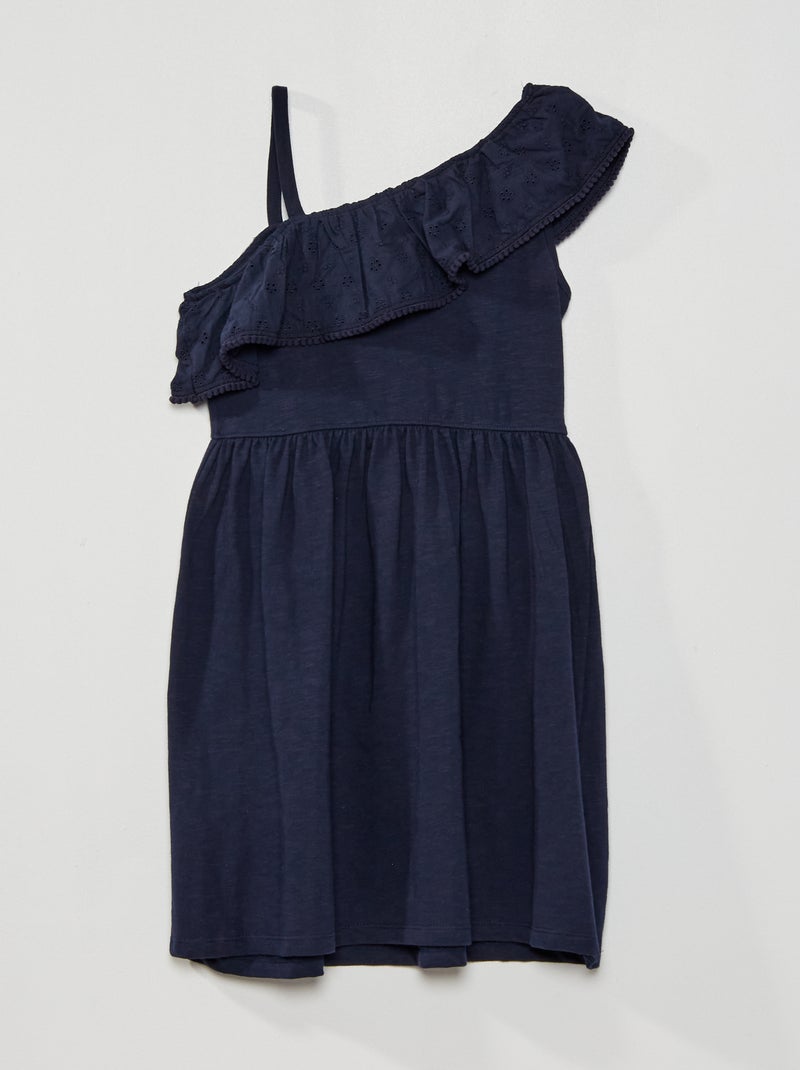 Vestido com folhos e bordado Azul Marinho - Kiabi