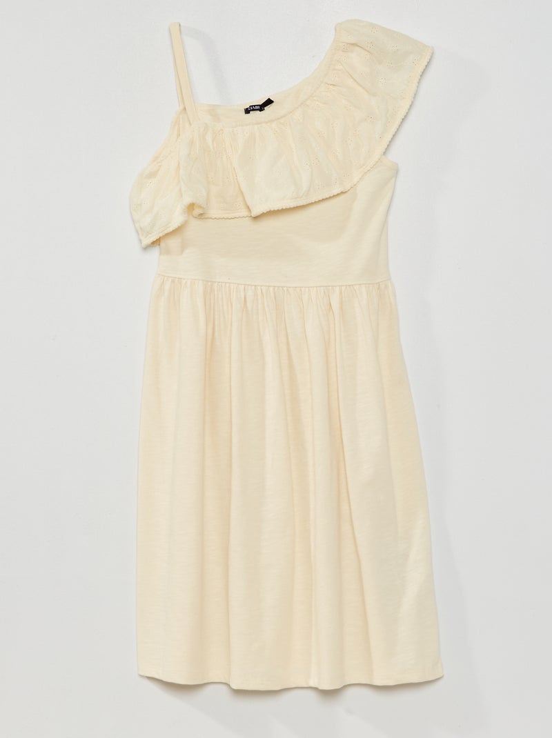 Vestido com folhos e bordado BRANCO - Kiabi