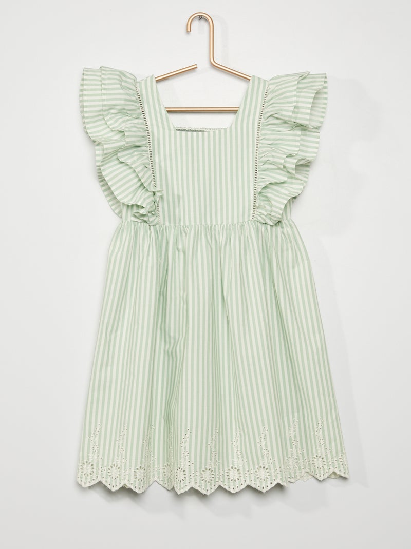 Vestido com folhos e bordado inglês VERDE - Kiabi