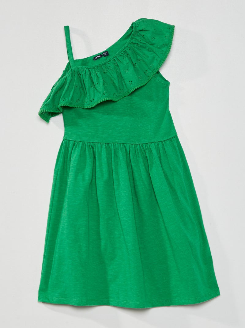 Vestido com folhos e bordado Verde - Kiabi