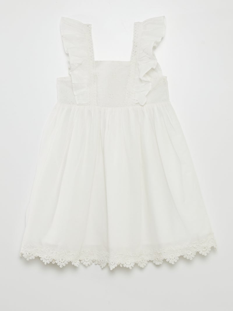 Vestido com folhos e bordados Branco - Kiabi