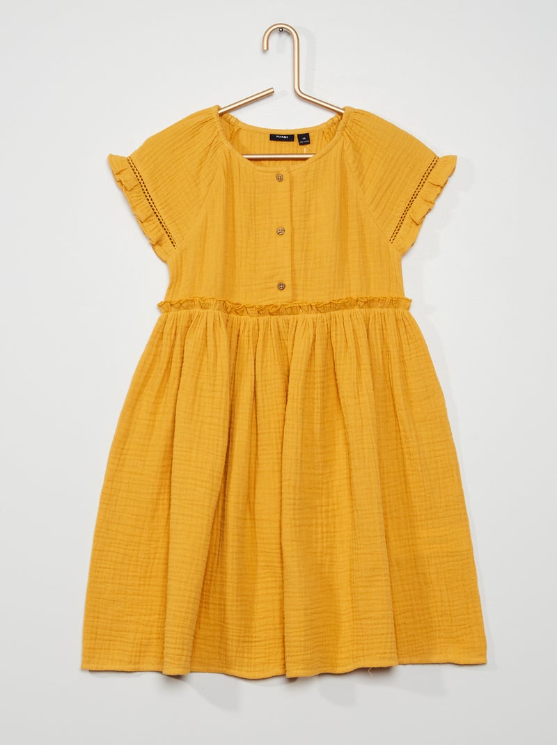 Vestido com folhos em malha gofrada AMARELO - Kiabi