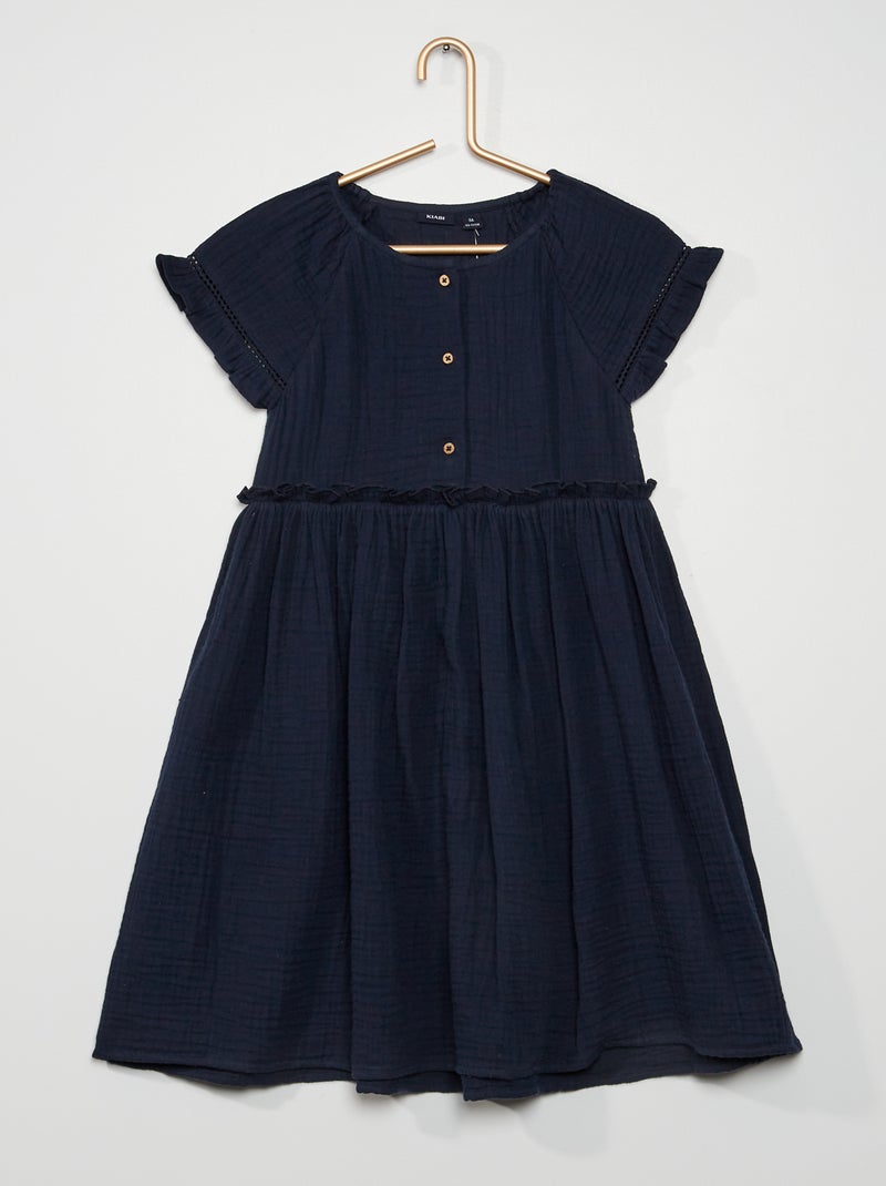 Vestido com folhos em malha gofrada Azul Marinho - Kiabi