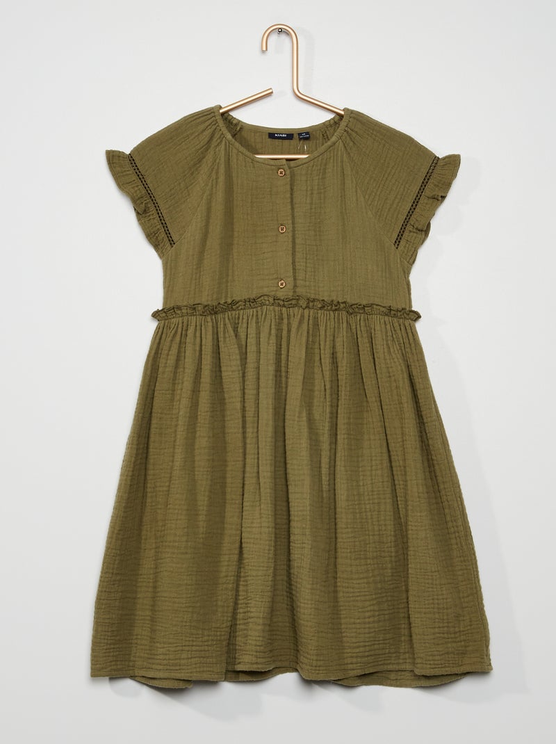 Vestido com folhos em malha gofrada Verde Lichene - Kiabi