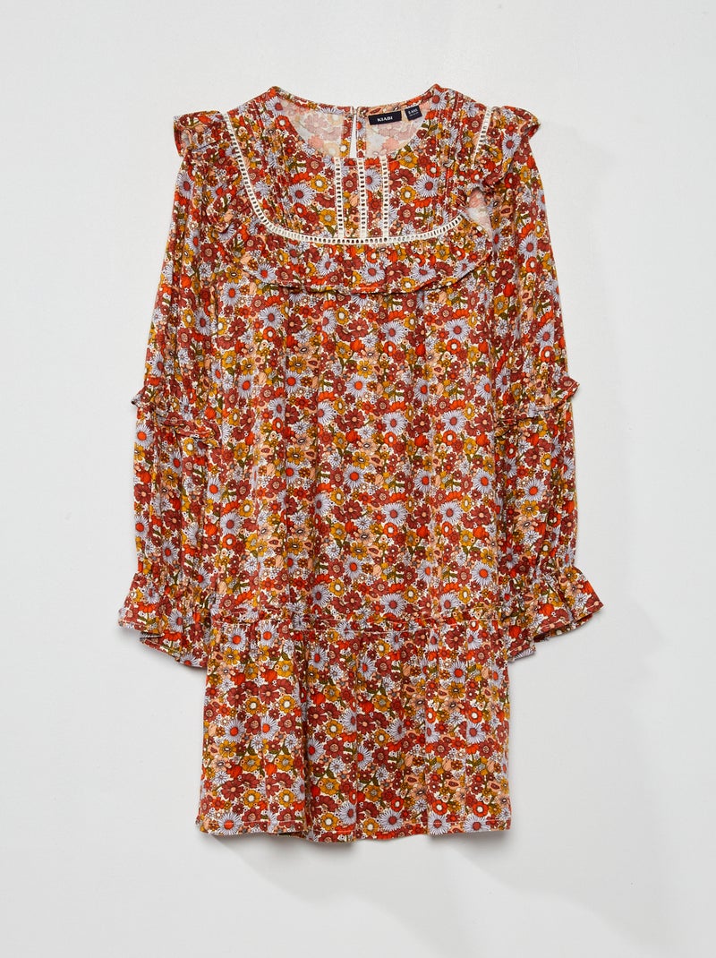 Vestido com folhos estampado BEGE - Kiabi