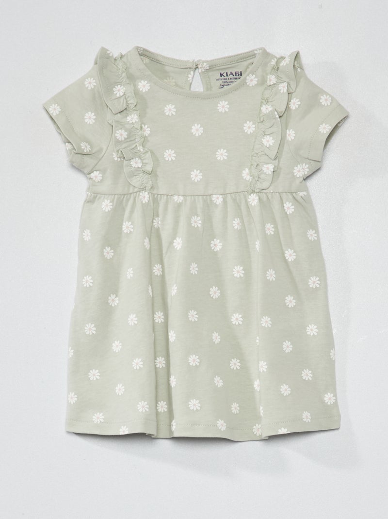 Vestido com folhos estampado VERDE - Kiabi