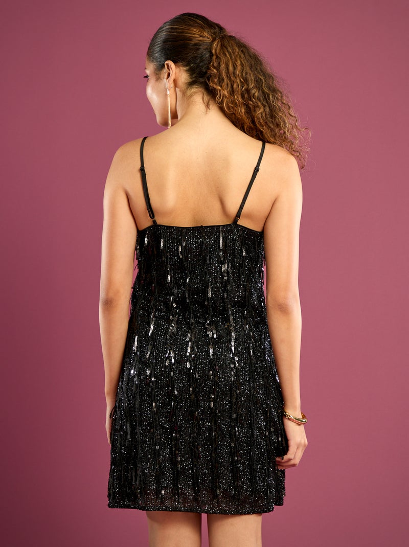 Vestido com franjas e lantejoulas Preto - Kiabi