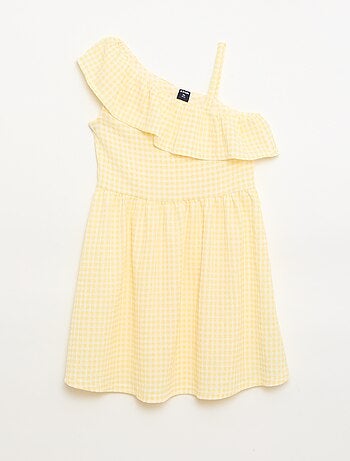 Vestido com gola assimétrica com folhos e padrão Vichy