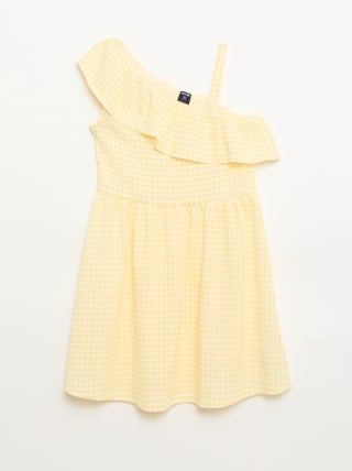 Vestido com gola assimétrica com folhos e padrão Vichy