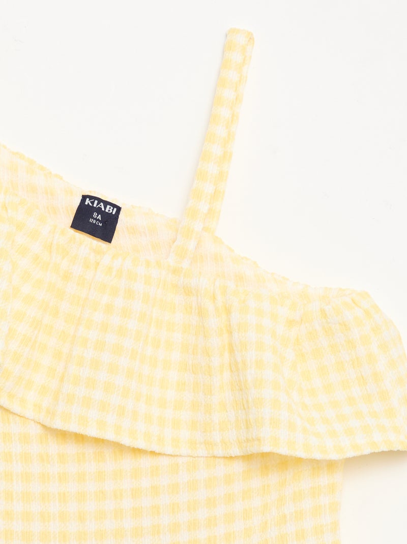 Vestido com gola assimétrica com folhos e padrão Vichy Amarelo - Kiabi