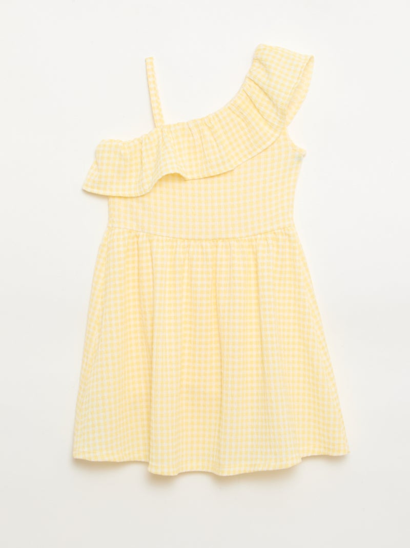 Vestido com gola assimétrica com folhos e padrão Vichy Amarelo - Kiabi