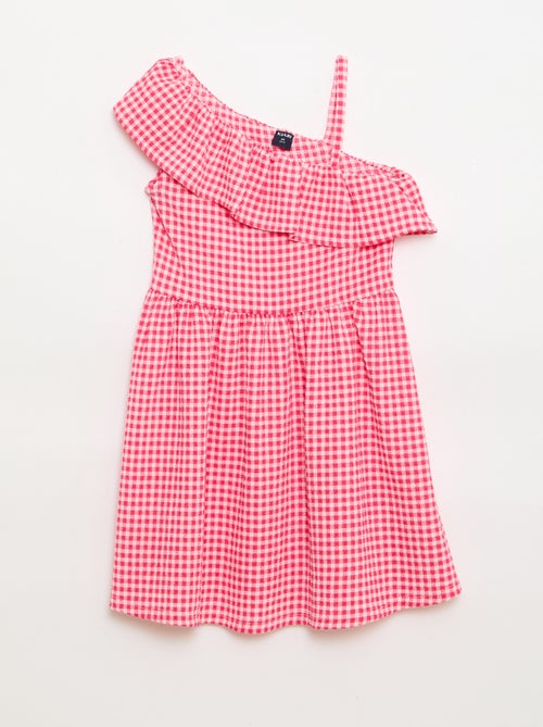 Vestido com gola assimétrica com folhos e padrão Vichy - Kiabi