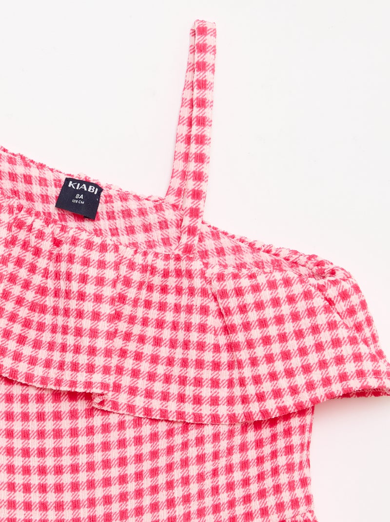 Vestido com gola assimétrica com folhos e padrão Vichy Rosa - Kiabi