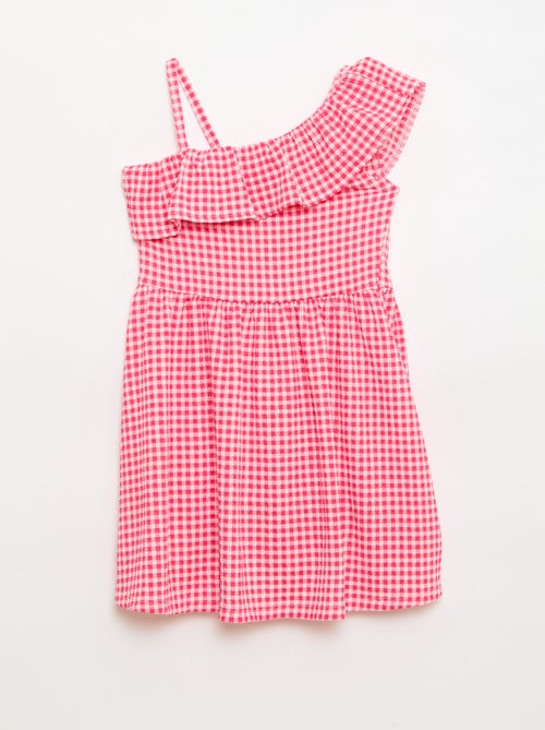 Vestido com gola assimétrica com folhos e padrão Vichy - Kiabi