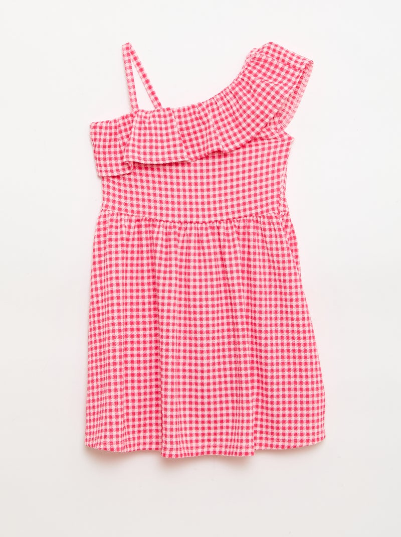 Vestido com gola assimétrica com folhos e padrão Vichy Rosa - Kiabi