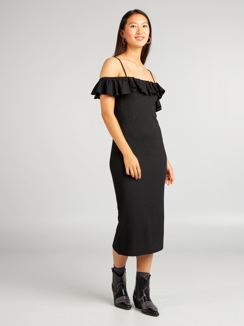 Vestido com gola bardot e folhos Preto - Kiabi