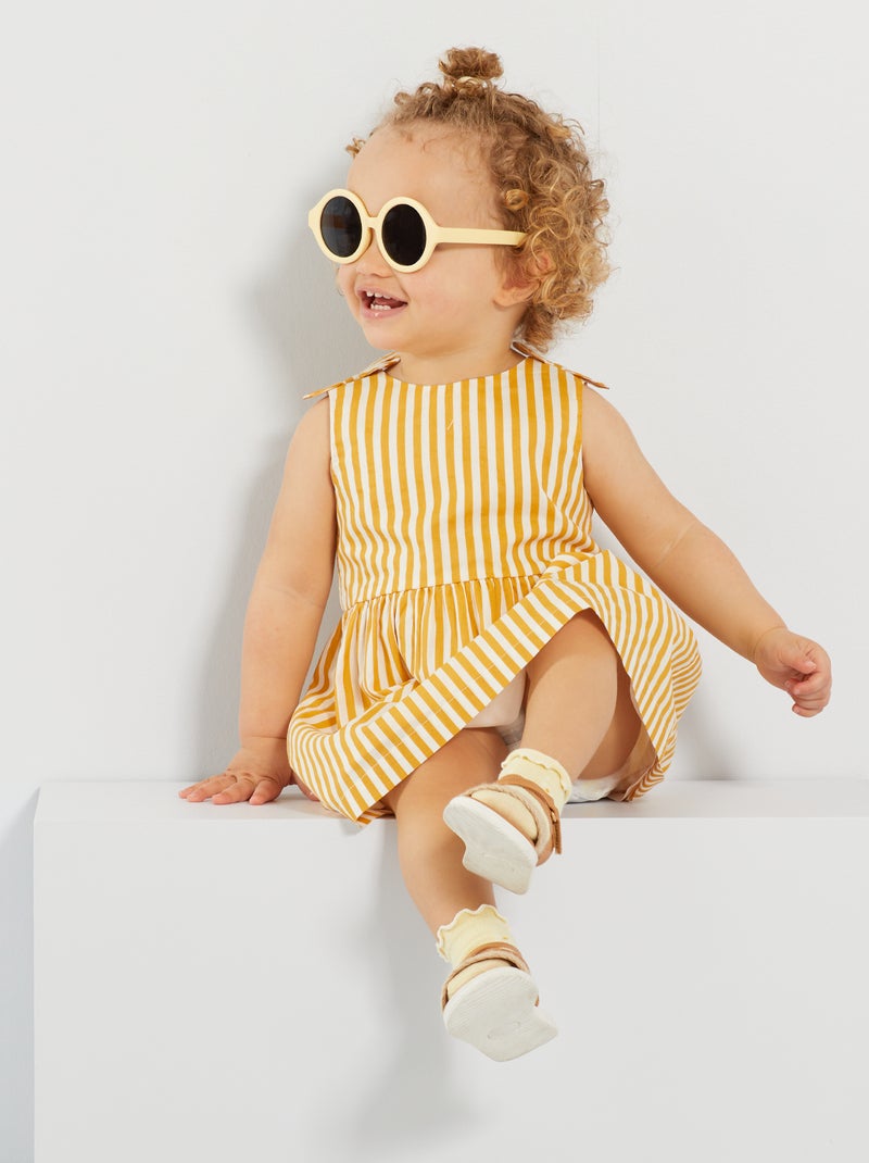 Vestido com laços em voile de algodão às riscas AMARELO - Kiabi