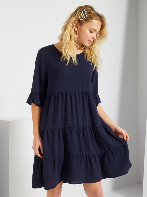 Vestido com manga com folhos de cor lisa - Kiabi