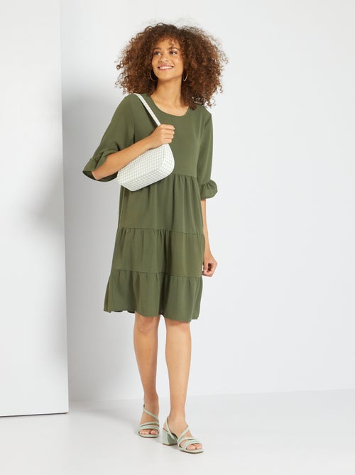 Vestido com manga com folhos de cor lisa - Kiabi