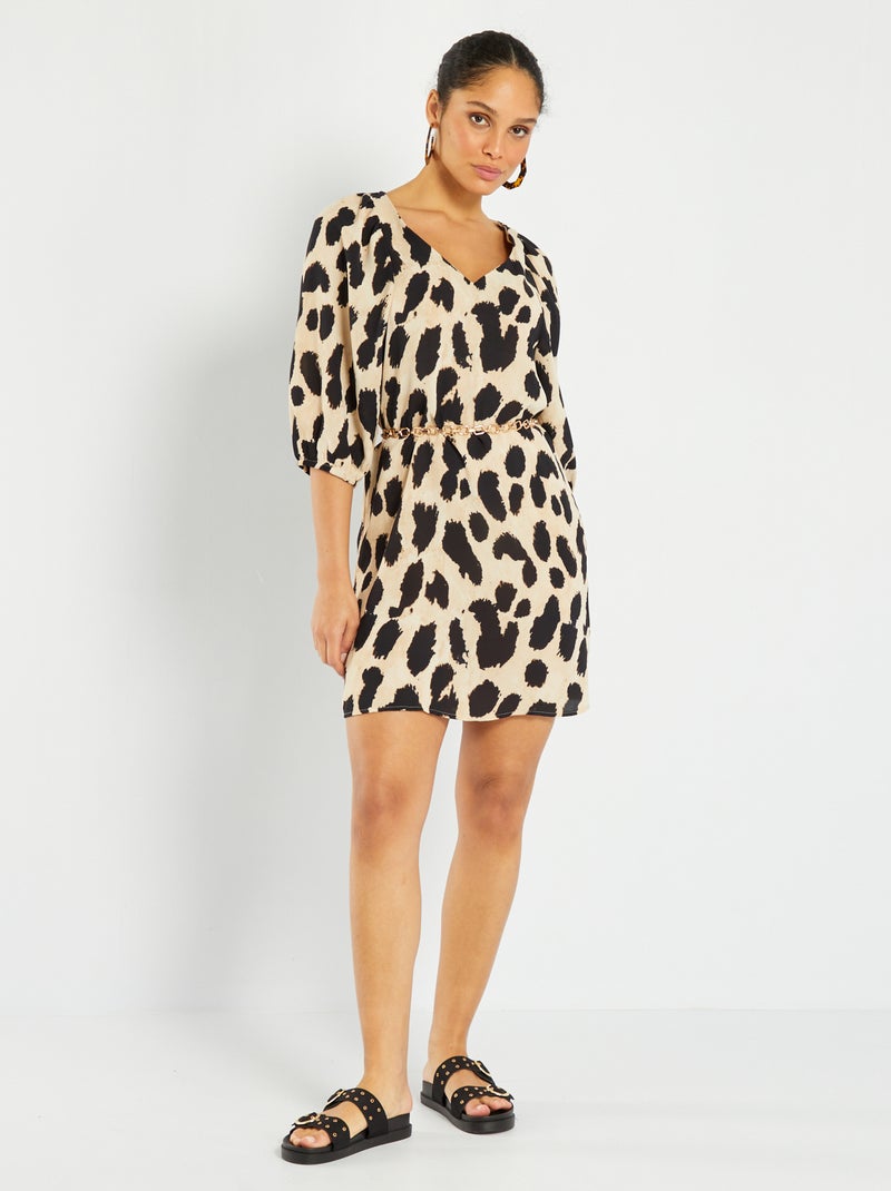 Vestido com mangas de balão e estampado às manchas MARROM - Kiabi
