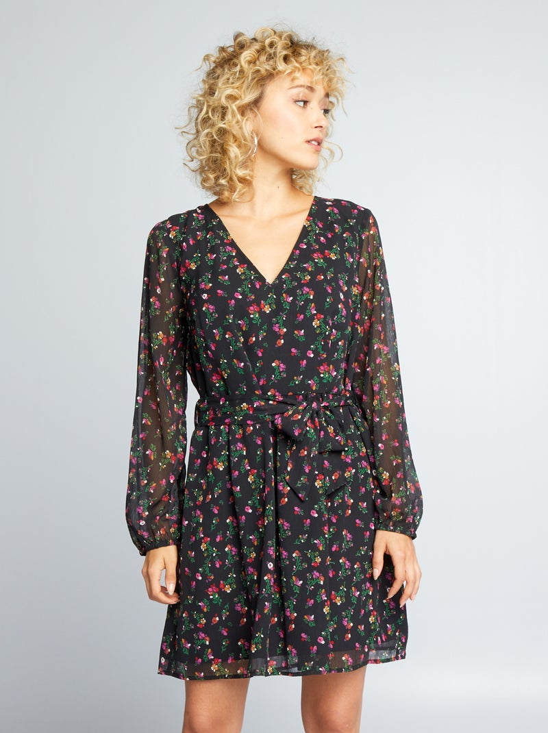 Vestido com motivo com cinto para apertar PRETO - Kiabi