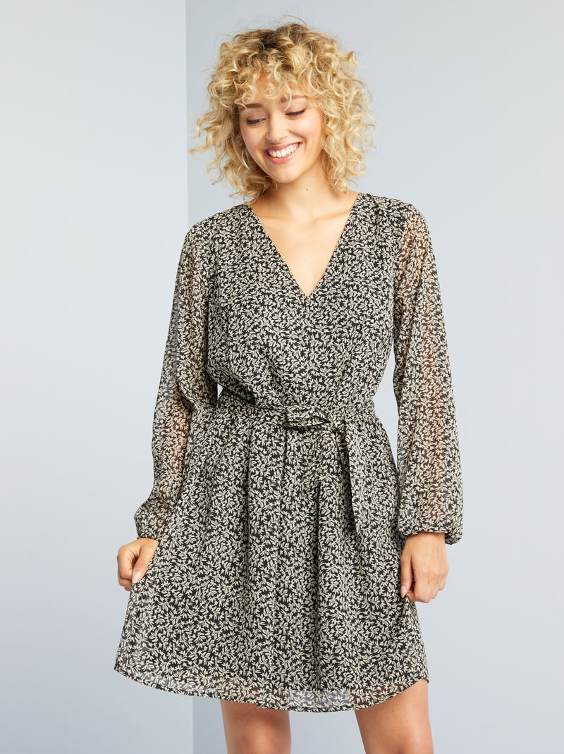 Vestido com motivo com cinto para apertar Preto - Kiabi