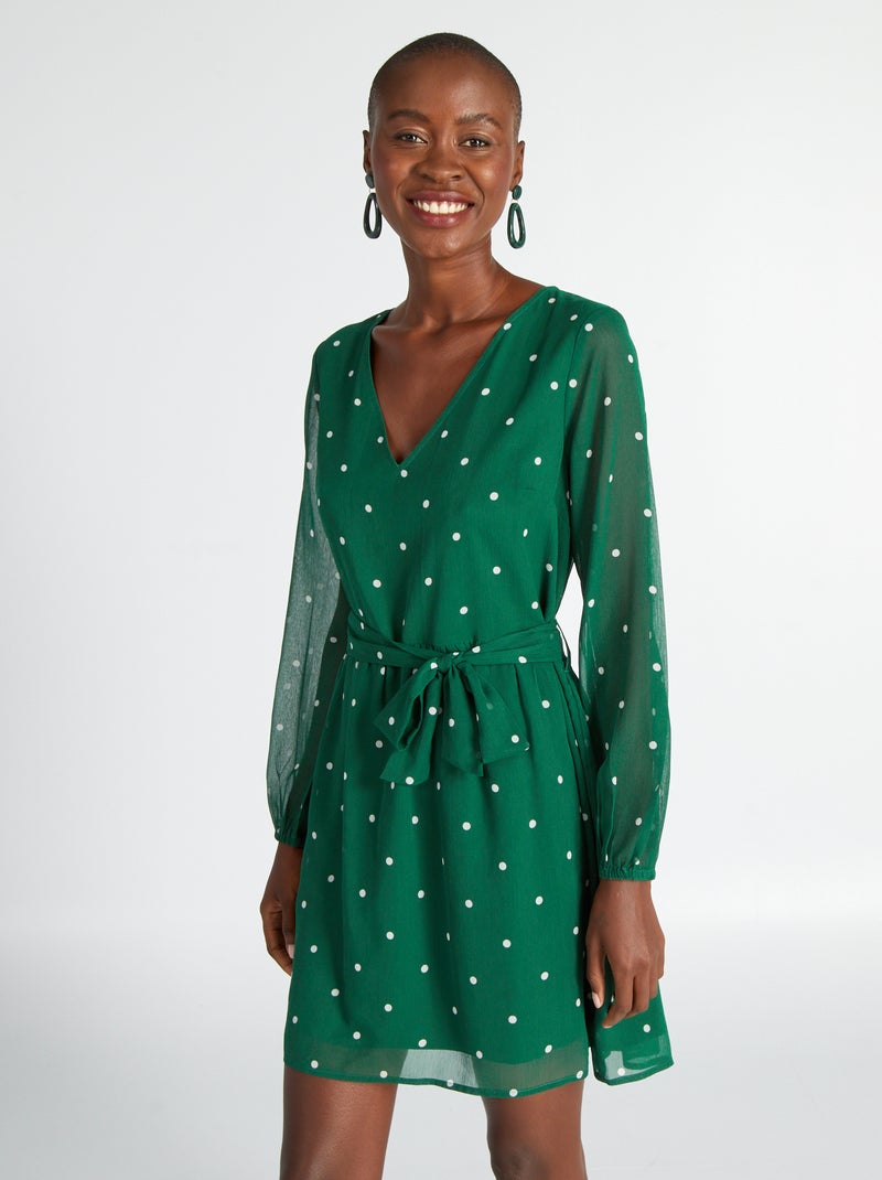Vestido com motivo com cinto para apertar Verde - Kiabi