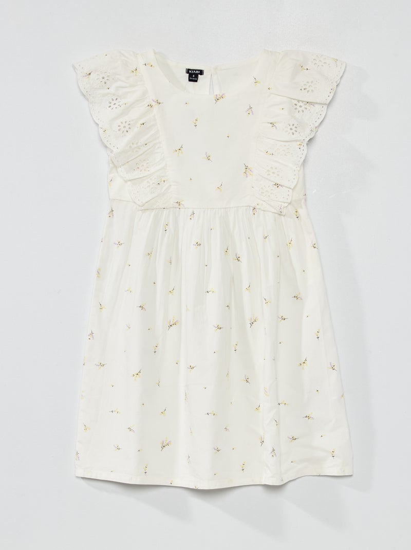 Vestido com motivo, folhos e bordados ingleses BRANCO - Kiabi