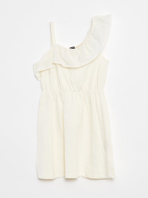 Vestido com ombro à mostra e bordados ingleses - Kiabi