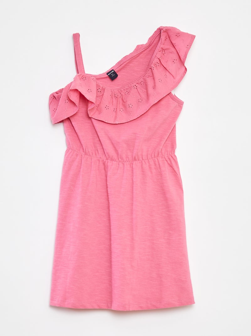 Vestido com ombro à mostra e bordados ingleses Rosa - Kiabi