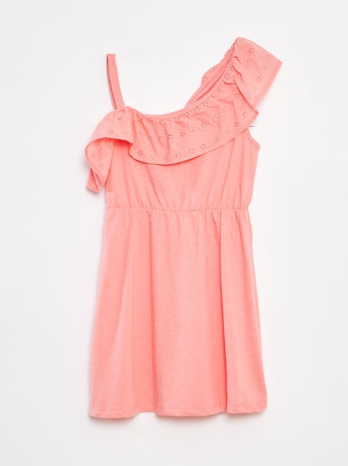 Vestido com ombro à mostra e bordados ingleses - Kiabi