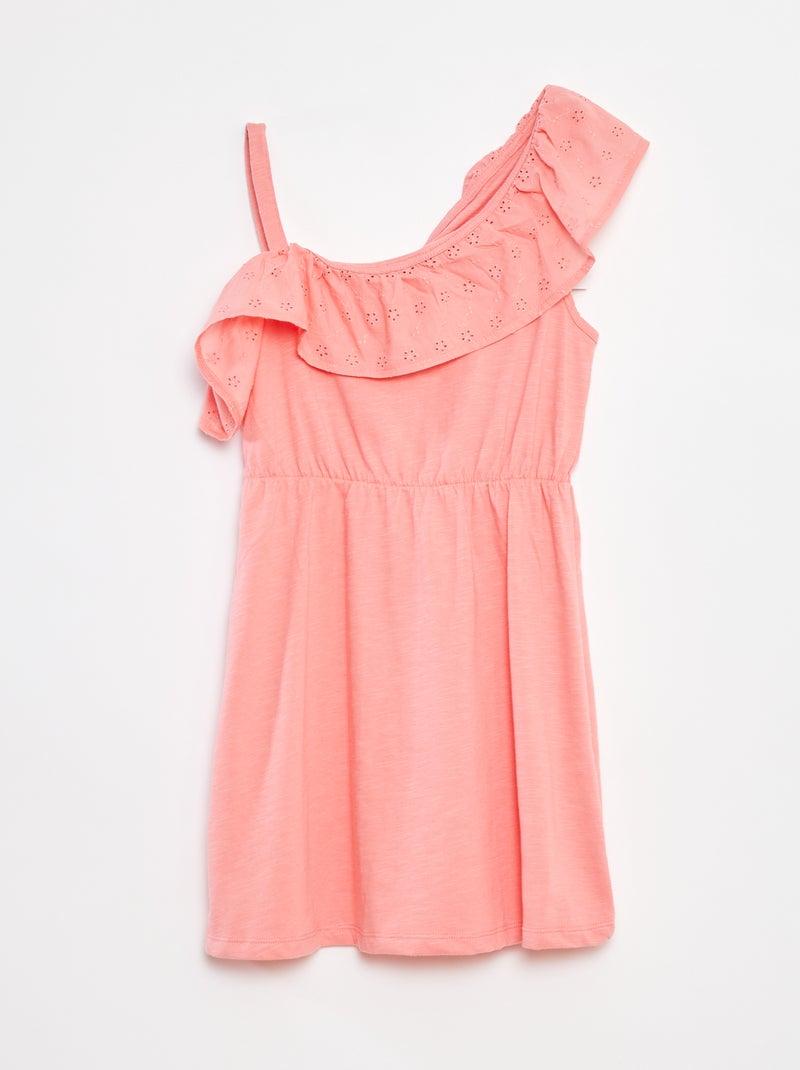 Vestido com ombro à mostra e bordados ingleses Rosa - Kiabi
