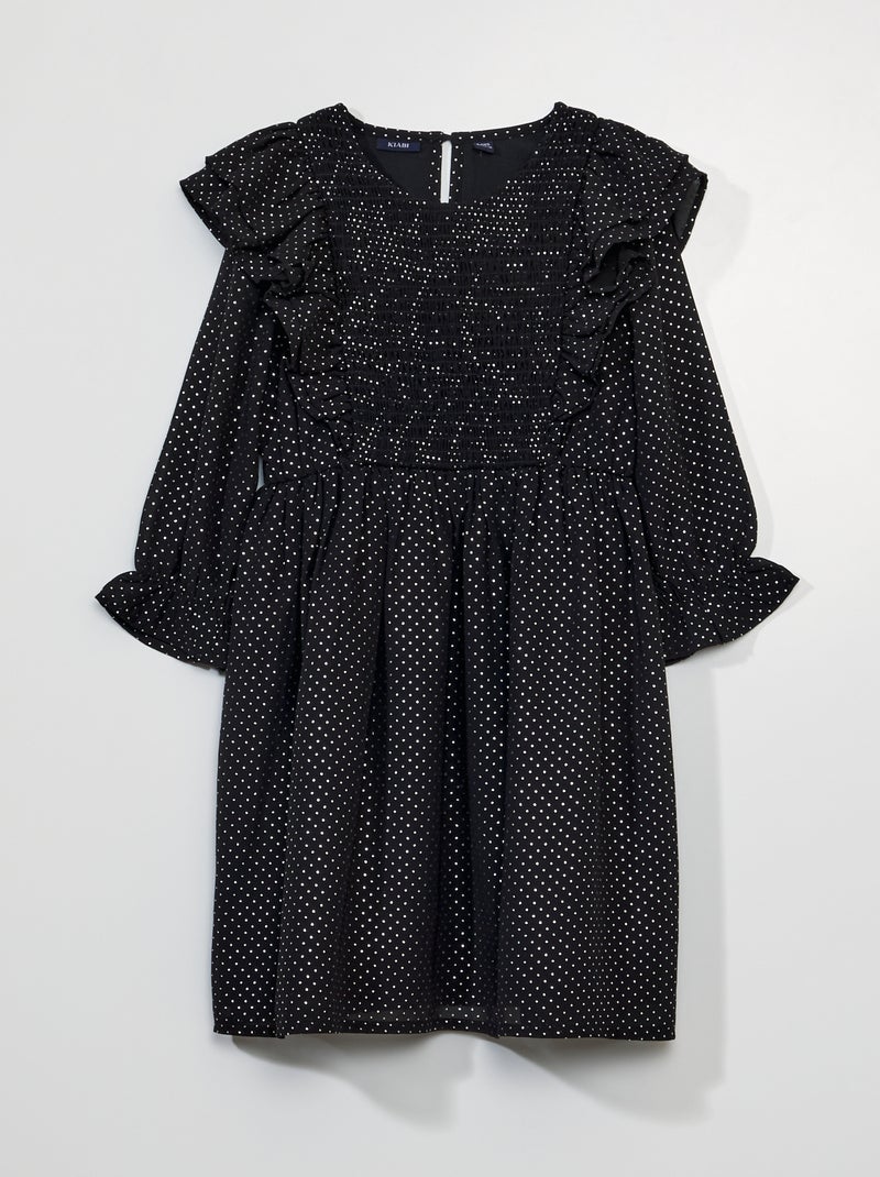Vestido com pontilhado e folhos de manga comprida PRETO - Kiabi