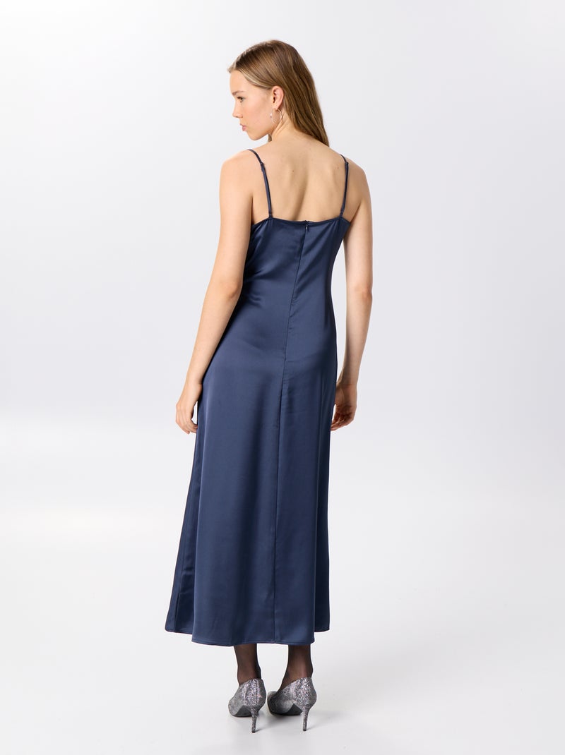 Vestido comprido acetinado + renda Azul - Kiabi