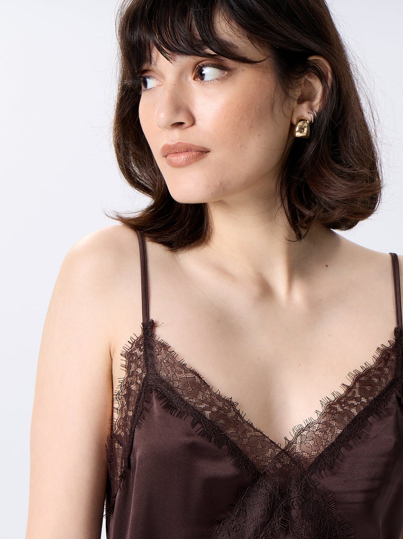 Vestido comprido acetinado + renda Castanho - Kiabi