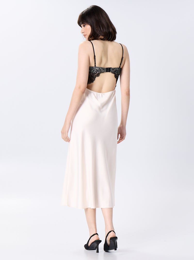 Vestido comprido acetinado + rendas Bege - Kiabi