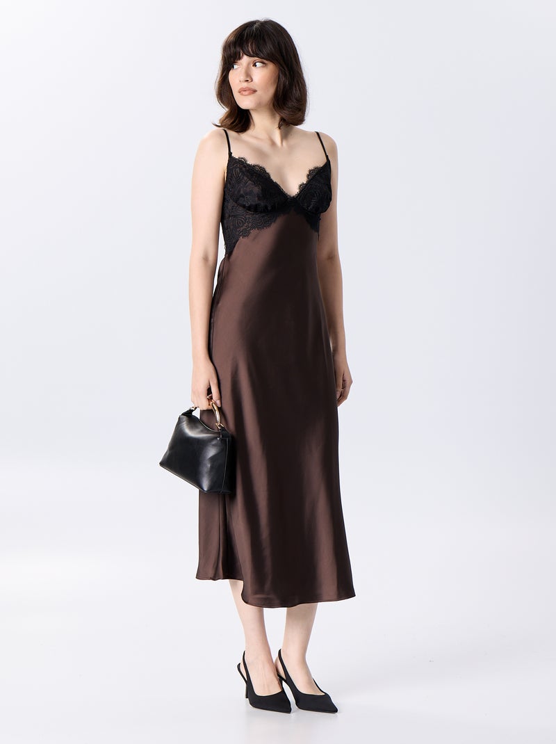 Vestido comprido acetinado + rendas Castanho - Kiabi